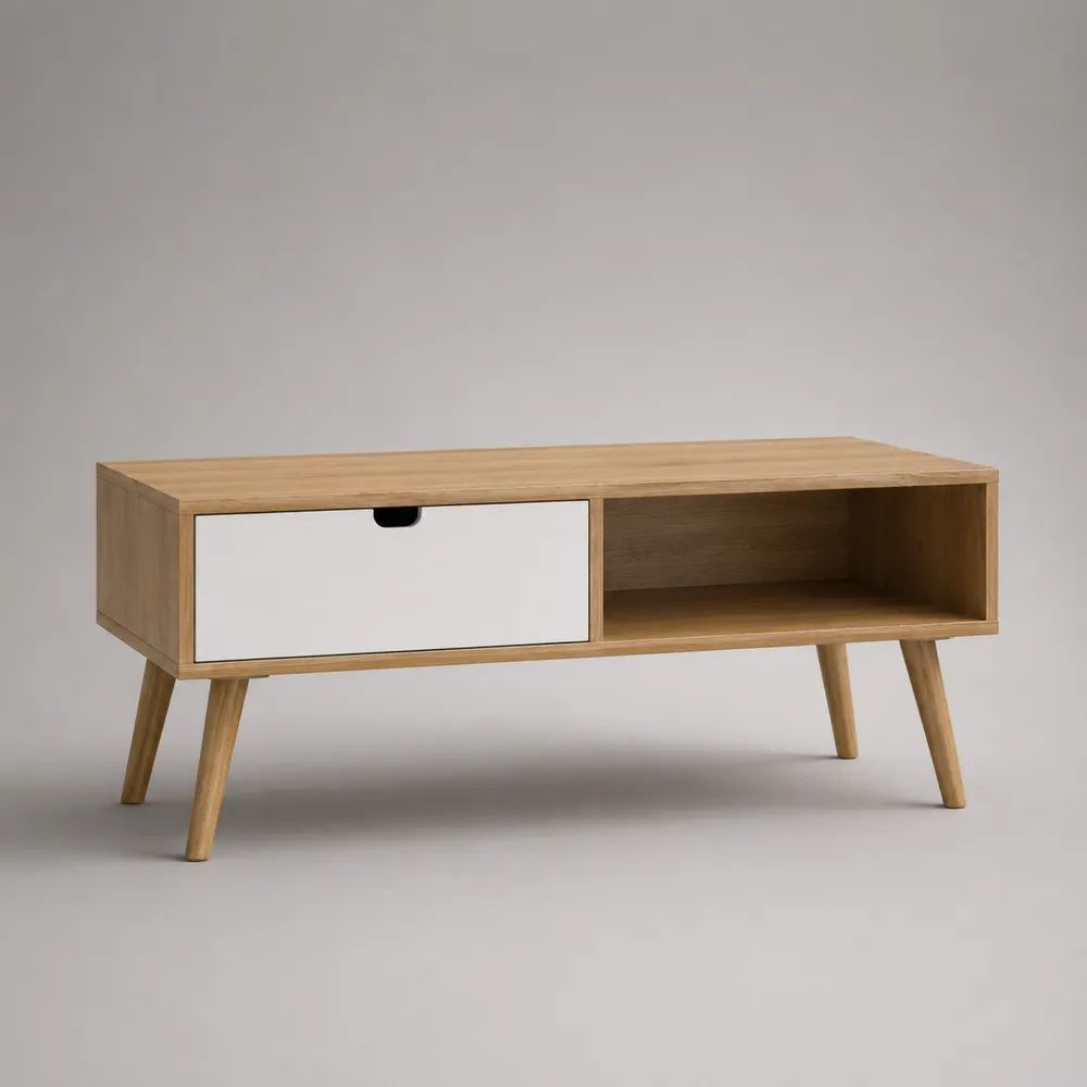 Table basse rectangulaire en MDF plaqué chêne avec tiroir blanc et niche ouverte, 100 × 50 × 45 cm