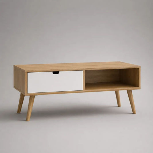Table basse rectangulaire en MDF plaqué chêne avec tiroir blanc et niche ouverte, 100 × 50 × 45 cm