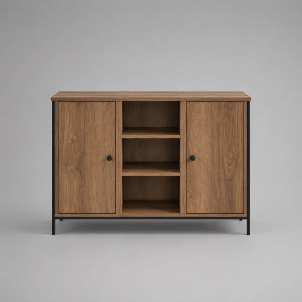 Buffet rectangulaire à 2 portes et 3 niches, bois effet chêne et métal noir, 120 × 40 × 85 cm