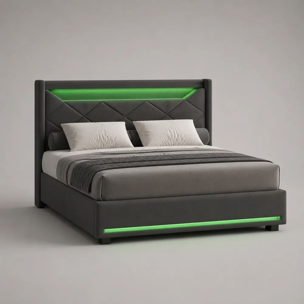Lit coffre double rembourré en similicuir avec éclairage LED vert, couchage 160 × 200 cm, anthracite