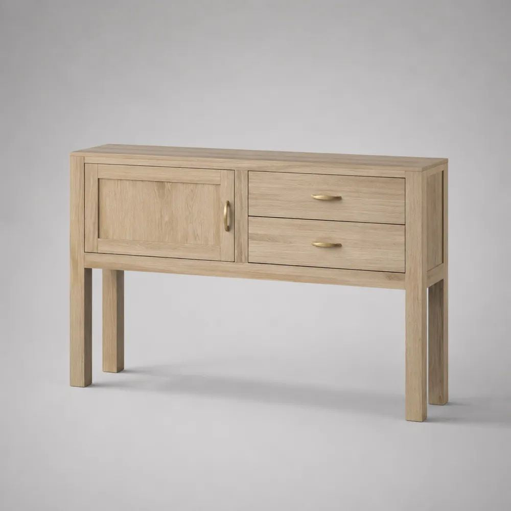 Buffet bas rectangulaire en bois à 1 porte et 2 tiroirs, chêne naturel et doré, 120 × 35 × 80 cm