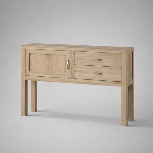 Buffet bas rectangulaire en bois à 1 porte et 2 tiroirs, chêne naturel et doré, 120 × 35 × 80 cm