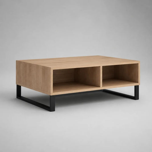 Table basse rectangulaire avec 2 niches, panneau de particules décor chêne et acier noir, 100 × 60 × 42 cm