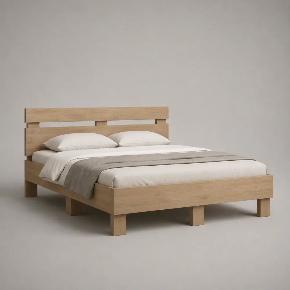 Cadre de lit double en bois, chêne naturel, couchage 160 x 200 cm, dimensions 215 x 168 x 105 cm