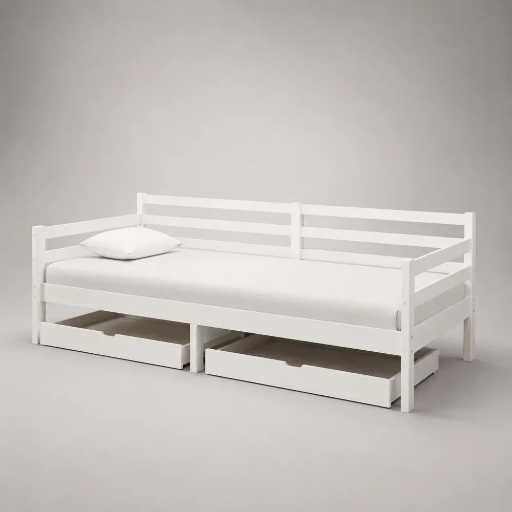 Lit banquette 90 x 200 cm en pin massif blanc avec sommier à lattes et 2 tiroirs