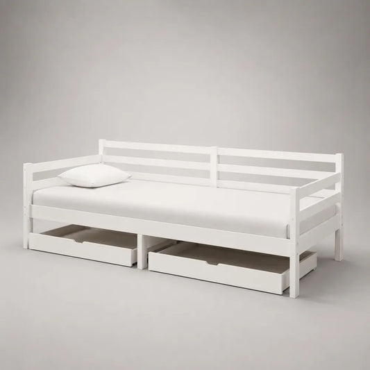 Lit banquette 90 x 200 cm en pin massif blanc avec sommier à lattes et 2 tiroirs