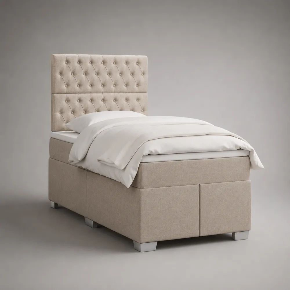 Lit tapissier 1 place en tissu beige avec matelas et tête de lit capitonnée, couchage 90 × 190 cm