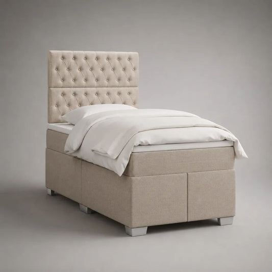 Lit tapissier 1 place en tissu beige avec matelas et tête de lit capitonnée, couchage 90 × 190 cm