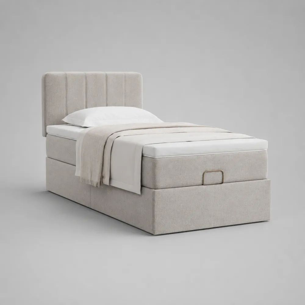 Lit coffre 1 place rembourré en polyester beige clair, couchage 90 × 190 cm