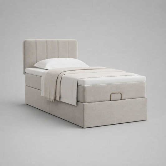 Lit coffre 1 place rembourré en polyester beige clair, couchage 90 × 190 cm