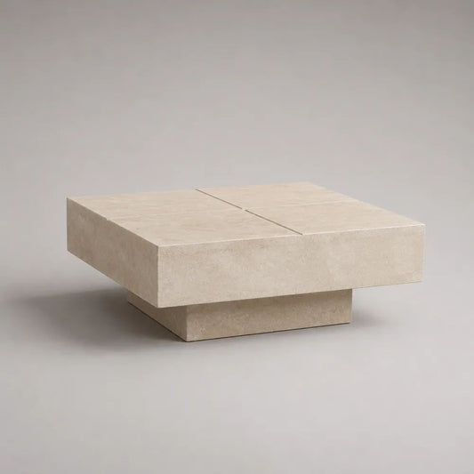 Table basse carrée plaquée travertin beige 80 × 80 × 35 cm