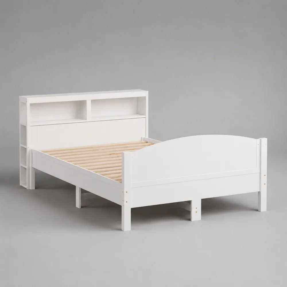 Lit simple blanc avec tête de lit bibliothèque en MDF et pin, couchage 90 × 190 cm, dimensions 200 × 99 × 110 cm
