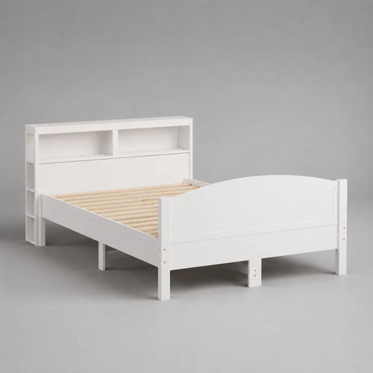 Lit simple blanc avec tête de lit bibliothèque en MDF et pin, couchage 90 × 190 cm, dimensions 200 × 99 × 110 cm