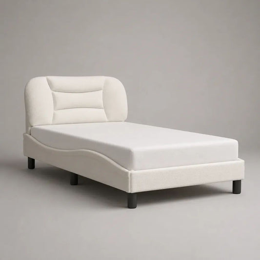 Lit simple rembourré avec matelas 90 × 190 cm, tête de lit matelassée, tissu bouclé blanc et pieds noirs