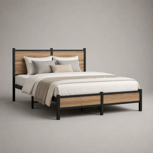 Lit double 160 × 200 cm avec sommier, cadre en acier et panneaux mélaminés, noir et chêne naturel