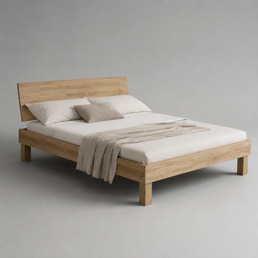 Lit double en bois avec tête de lit rectangulaire, chêne naturel, 168 x 215 x 90 cm, couchage 160 x 200 cm