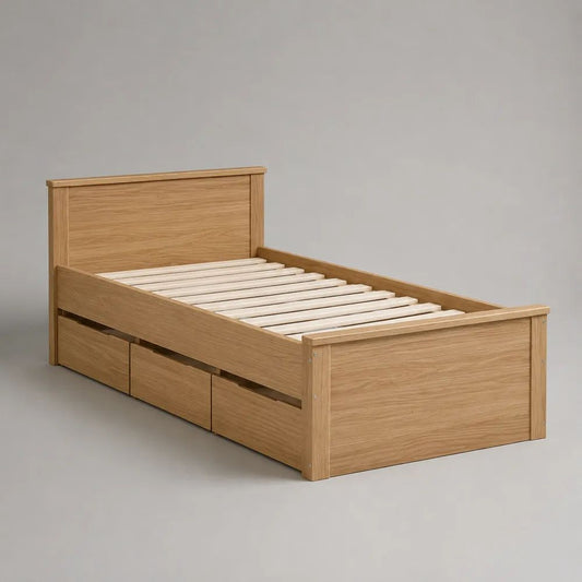 Lit simple en bois avec sommier à lattes et 3 tiroirs, chêne naturel, couchage 90 × 190 cm, dimensions 198 × 98 × 90 cm