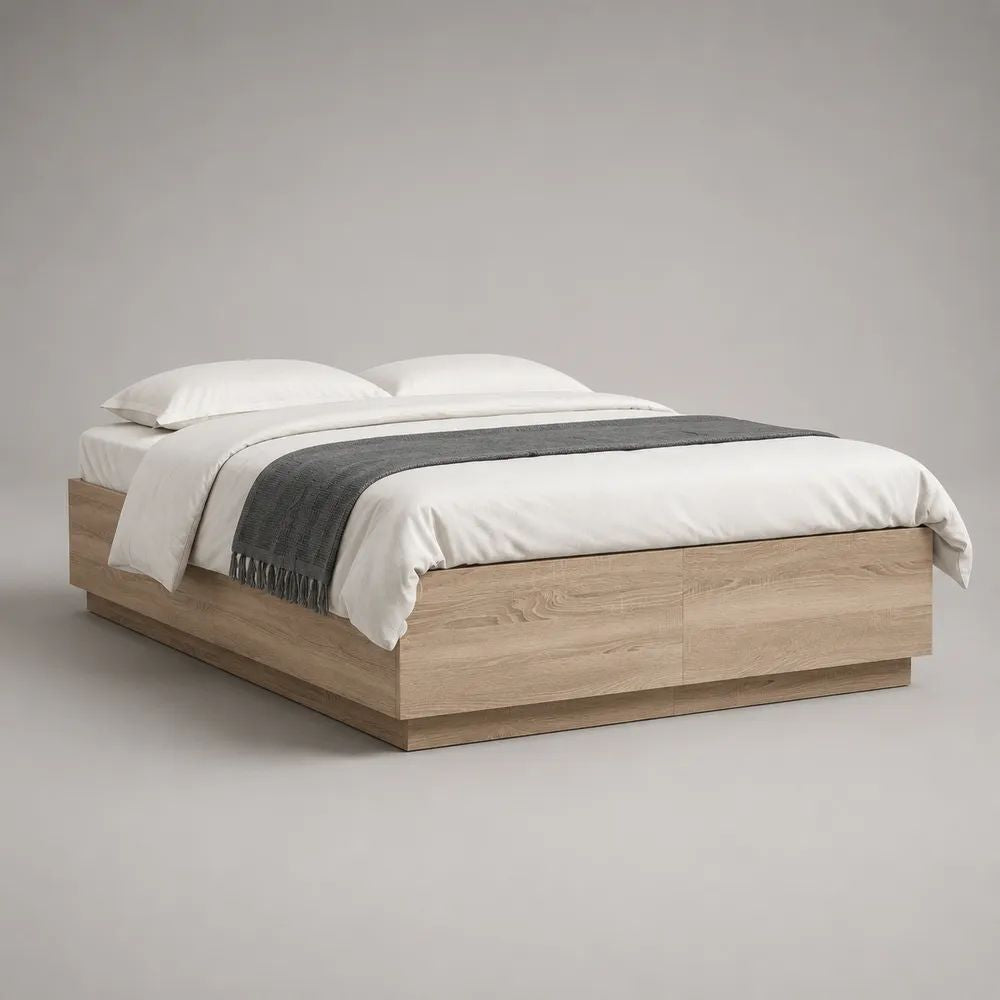 Lit double plateforme en bois, chêne clair, couchage 160 x 200 cm, dimensions 165 x 205 x 40 cm