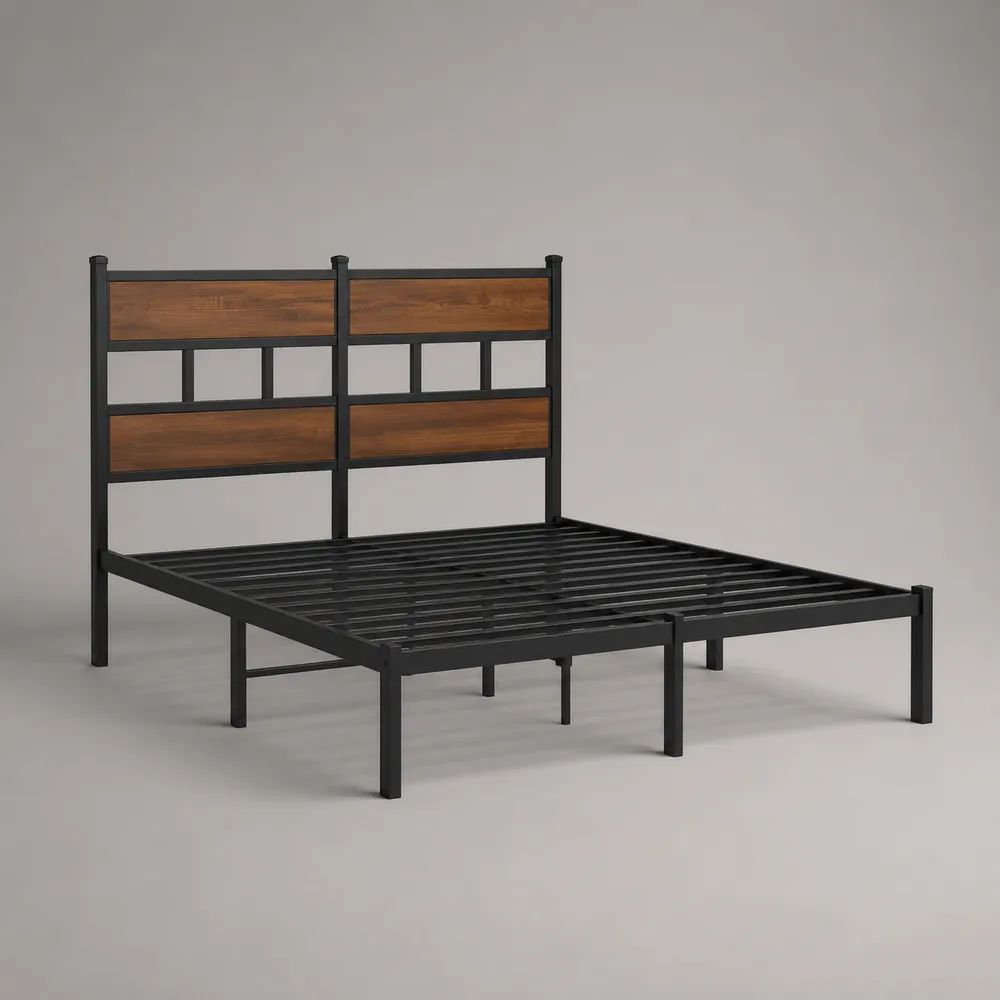 Cadre de lit double 160 x 200 cm en acier noir et bois brun noyer avec tête de lit