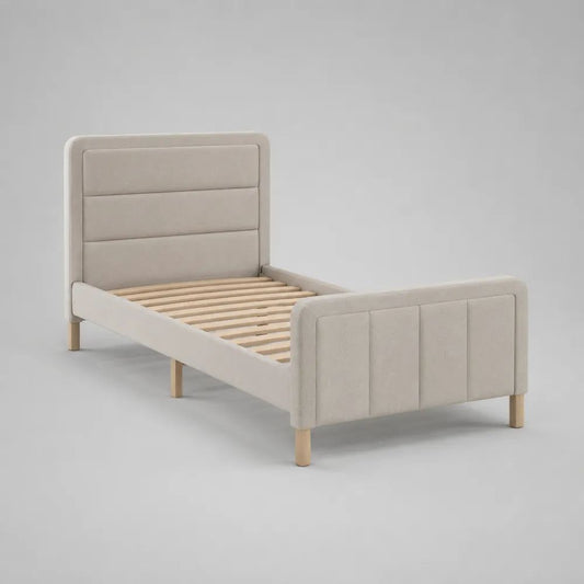Lit simple rembourré en tissu beige 90 x 190 cm avec sommier à lattes, 205 x 101 x 120 cm