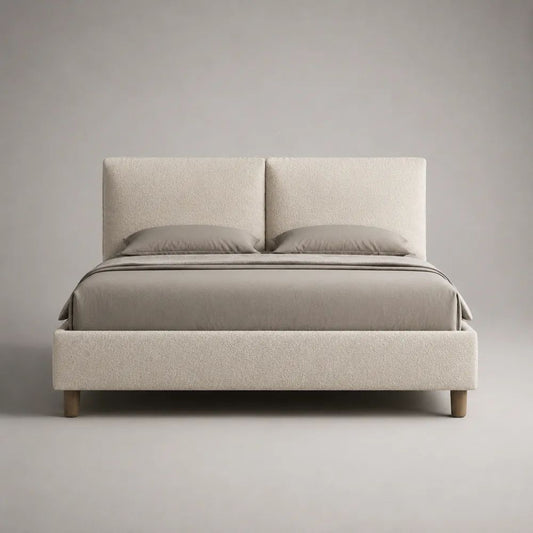 Lit coffre double 160 x 200 cm en tissu bouclette écru avec sommier relevable et tête de lit rembourrée