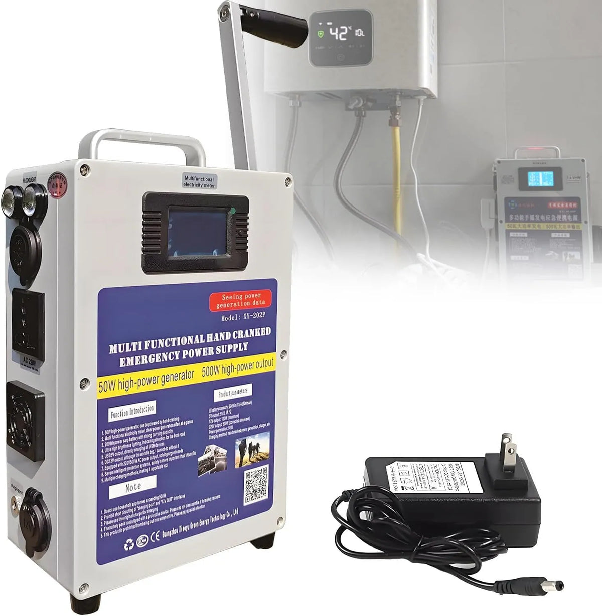 Generator, DC12V, USB5V-noodstroomvoorziening, 220V, Draagbare handaangedreven generator van 500 W