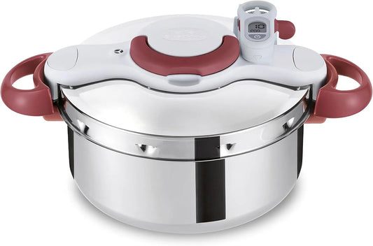 Snelkookpan, Tefal P46207, 6 liter, met kookmand en timer, RVS/wit/rood, 37,4 x 28,5 x 24,6 cm