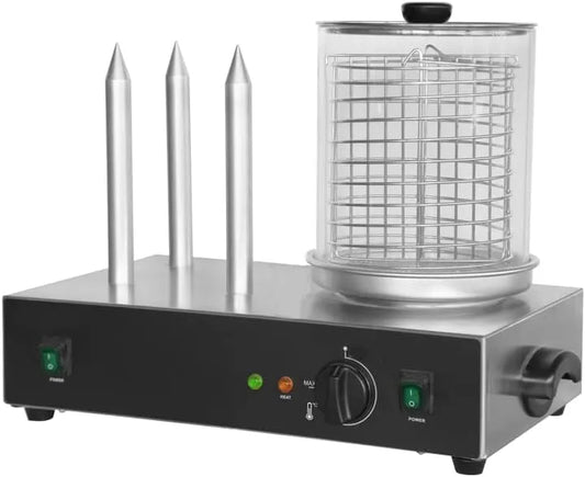 Ideaal apparaat, 3 poten, van RVS, worstverwarmer met glazen container en instelbare temperatuur 50-350 °C, Elektrische hotdog-verwarmer