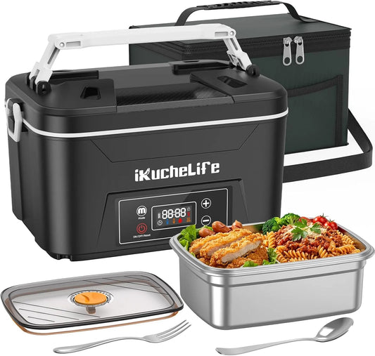 Elektrische lunchbox voor volwassenen met accu, verwarmbare lunchbox met roestvrijstalen bestek, aanraakbediening en geïsoleerde lunchtas, lekvrij