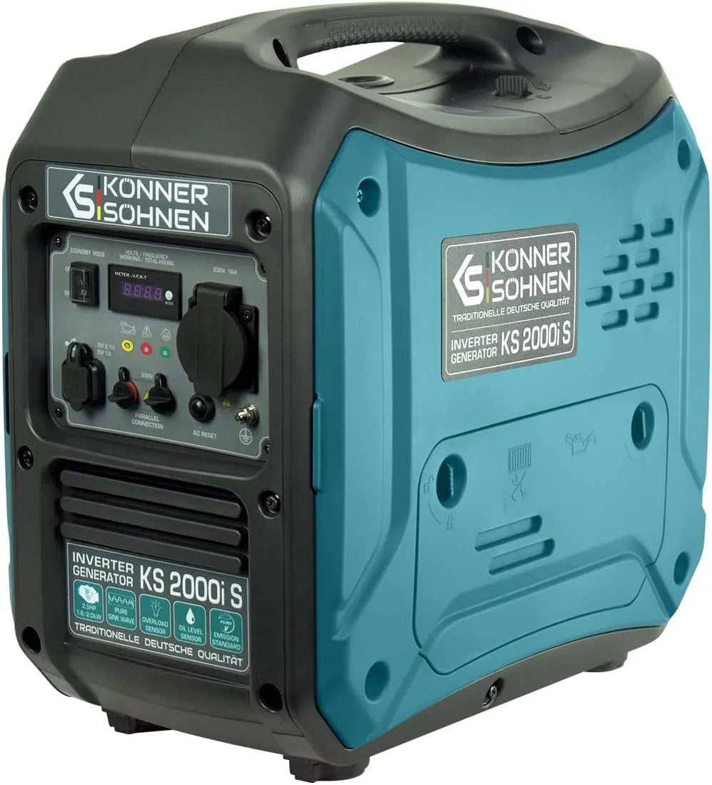 Könner&Söhnen KS 2000i S invertergenerator. Geluidsdichte behuizing 64 dB Lpa 7 m . Maximaal vermogen 2000 watt met 64 dB, 230 V, 1 x 16 A, USB
