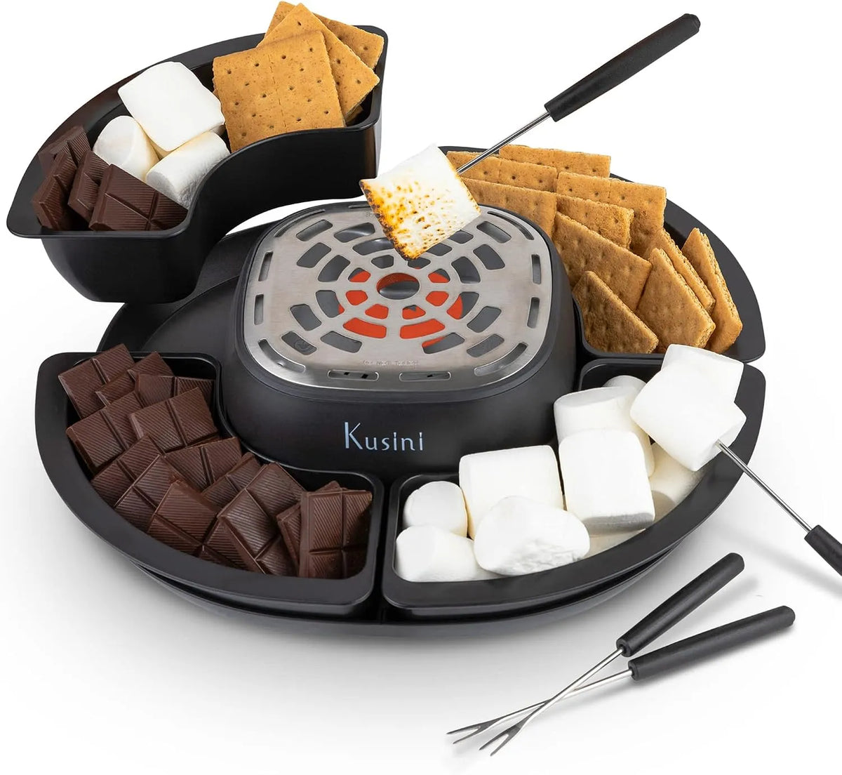 Kusini Smores Maker Tafelblad voor binnengebruik, 4 Afneembare Trays & 4 Roostvorken, Vlamloze Elektrische Marshmallow Rooster