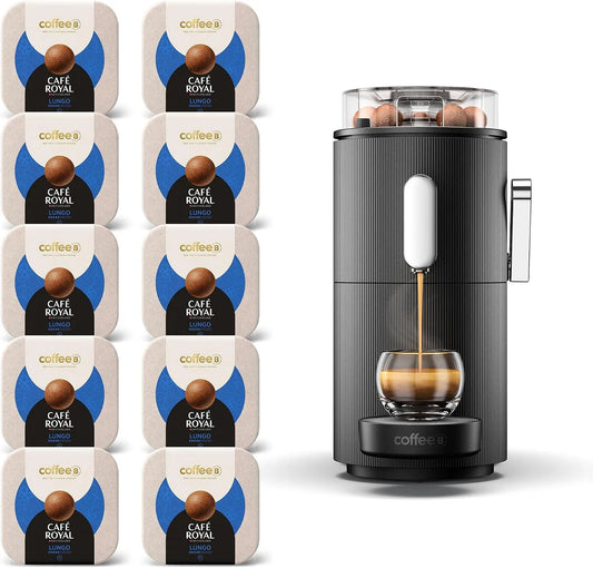 Espressomachine met 153 x 267 x 373 mm, 1,3 l en zwart, met 90 Lungo-koffieballen 10x 9 stuks