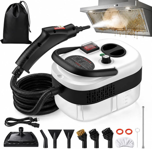 Stoomreiniger met 2500 W, 105 °C, 3 bar, 15 seconden, 1200 ml, 24 uur, waterreservoir en voor tapijt, harde vloeren en dierenharen