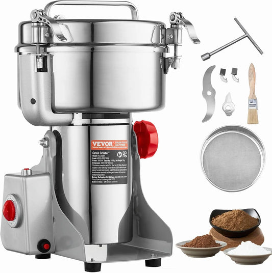 Machine, 2000 g, commerciële kruidenmolen, voor droge granen, koffie, peper, 3400 W, roestvrij stalen poedermachine, specerijen, maïs, VEVOR 2000