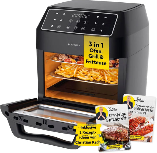 Airfryer, 12 liter, met XXL-accessoirepakket, grill en friteuse met kijkvenster en aanraakbediening, 10 programma's en timerfunctie, oven, Rachs