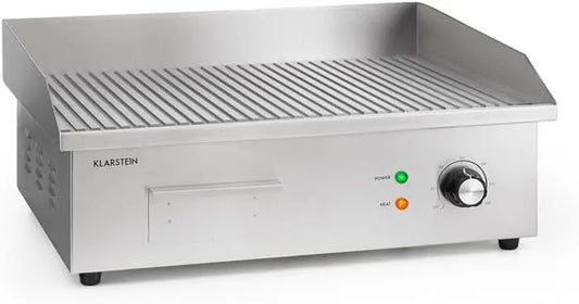 Barbecue, Klarstein Grillmijle 3000R Pro gietijzeren grillplaat, traploos 50-300 °C, RVS, grilloppervlak: 54,5 x 35 cm geribbeld, 3000 watt