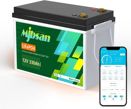 Mjbsan LiFePO4 12 V 330 Ah Bluetooth lithiumbatterij met 200 A BMS, 4224 W, zonne-energie