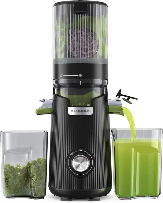 ACOQOOS Sapcentrifuge, 135 mm breedte en grotere voederbuis, Slow Juicer met 2 glazen, eenvoudige reiniging, zwart, 1,8 l vulvolume