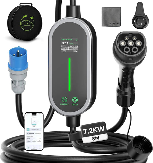 Lader, Oplader voor fase/6-32, 1-15 uur, 8 m, mobiele Wallbox, oplaadkabel type 2, norm IEC 62196-2, oplaadkabel voor elektrische auto