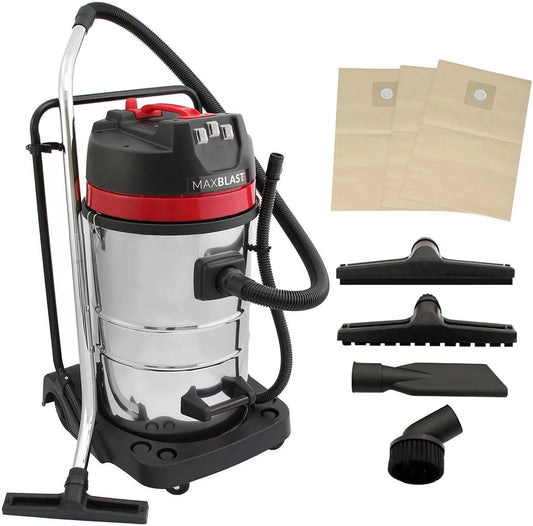 Stofzuiger, 80L, 3000 W, 4 Accessoires, 9m Snoer, 1.5m Slang, 3 Gratis Stofzakken, Stoffilter