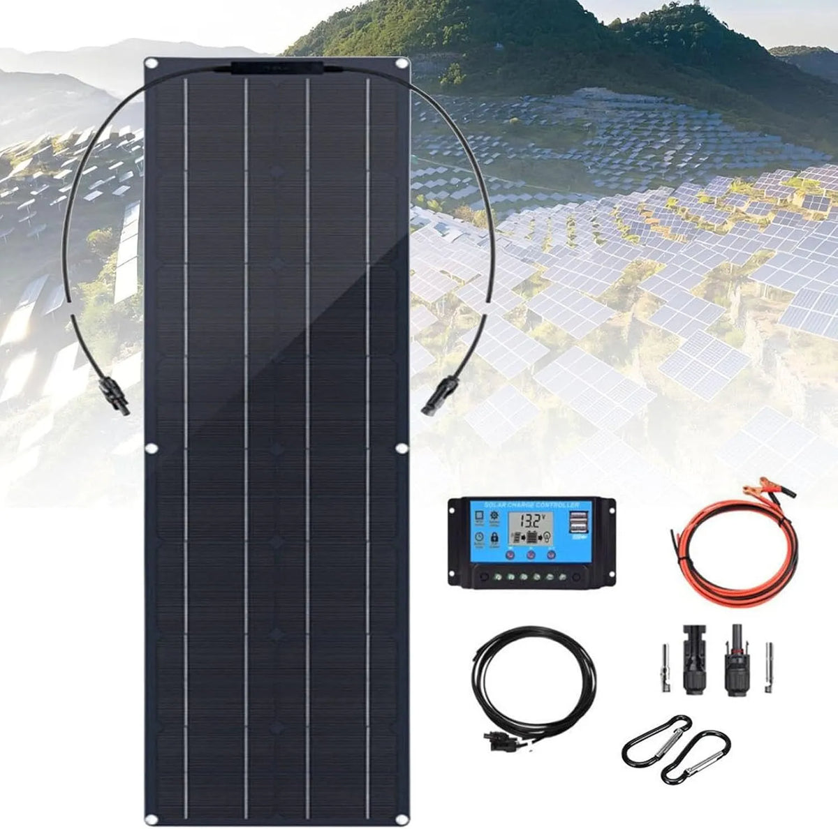 Zonnepaneel, met 40A controller en aansluitkabel voor camper, efficiënt, weerbestendig, tent, caravan 200 W, flexibel monokristallijn zonnepaneel
