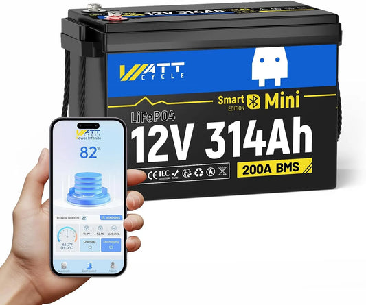 WattCycle 12V 314Ah LiFePO4 Accu LiFePO4 met 12V, 4019Wh, 200A, IP65 en Bluetooth